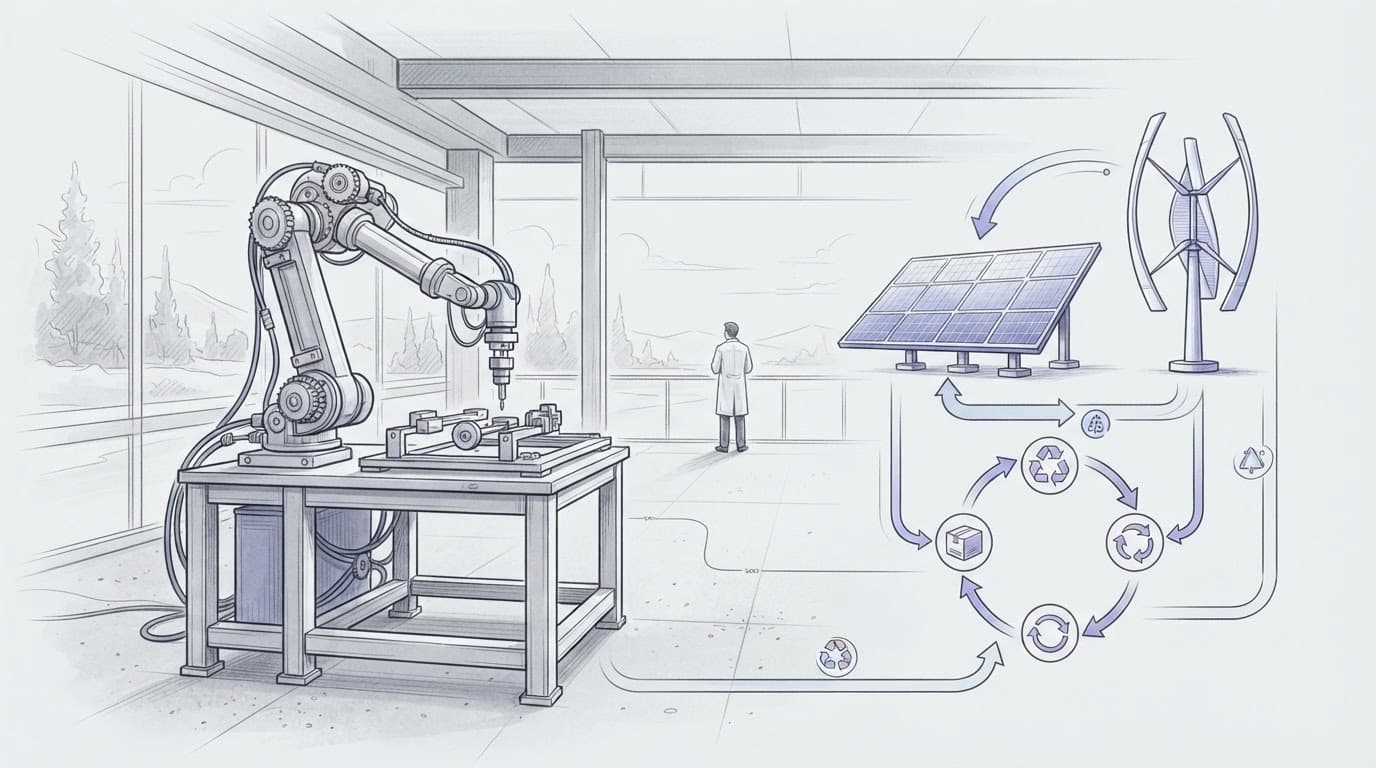 Braccio robotico e simboli di energia rinnovabile in un laboratorio, con una persona sullo sfondo.