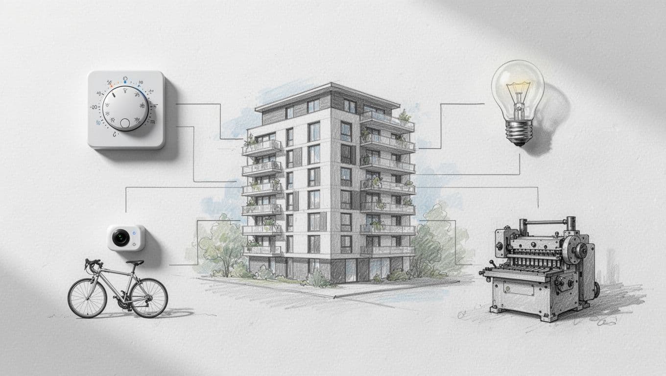Un edificio collega un termostato, una lampadina, un sensore per bicicletta e una macchina industriale.