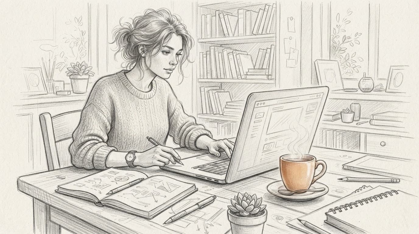Una persona lavora al laptop con caffè e quaderno sulla scrivania.