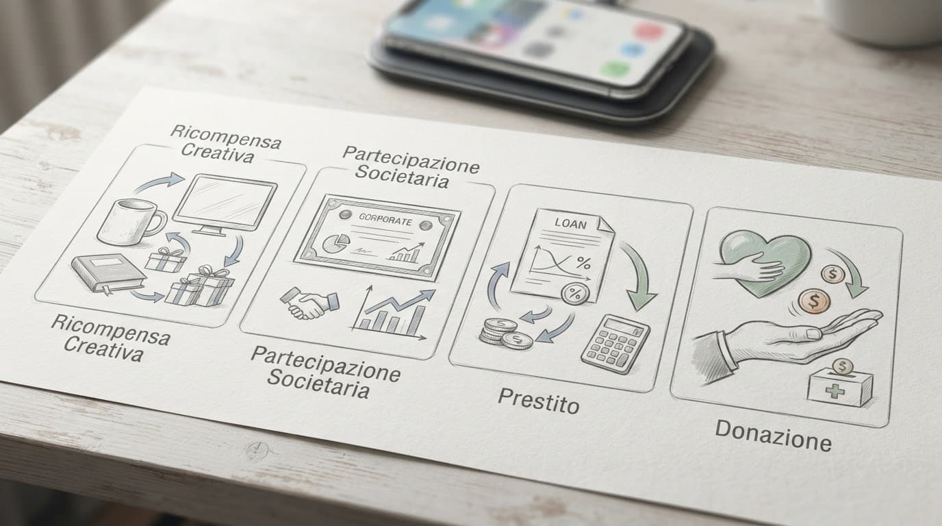 Quattro simboli illustrano ricompensa, partecipazione, prestito e donazione su una scrivania.