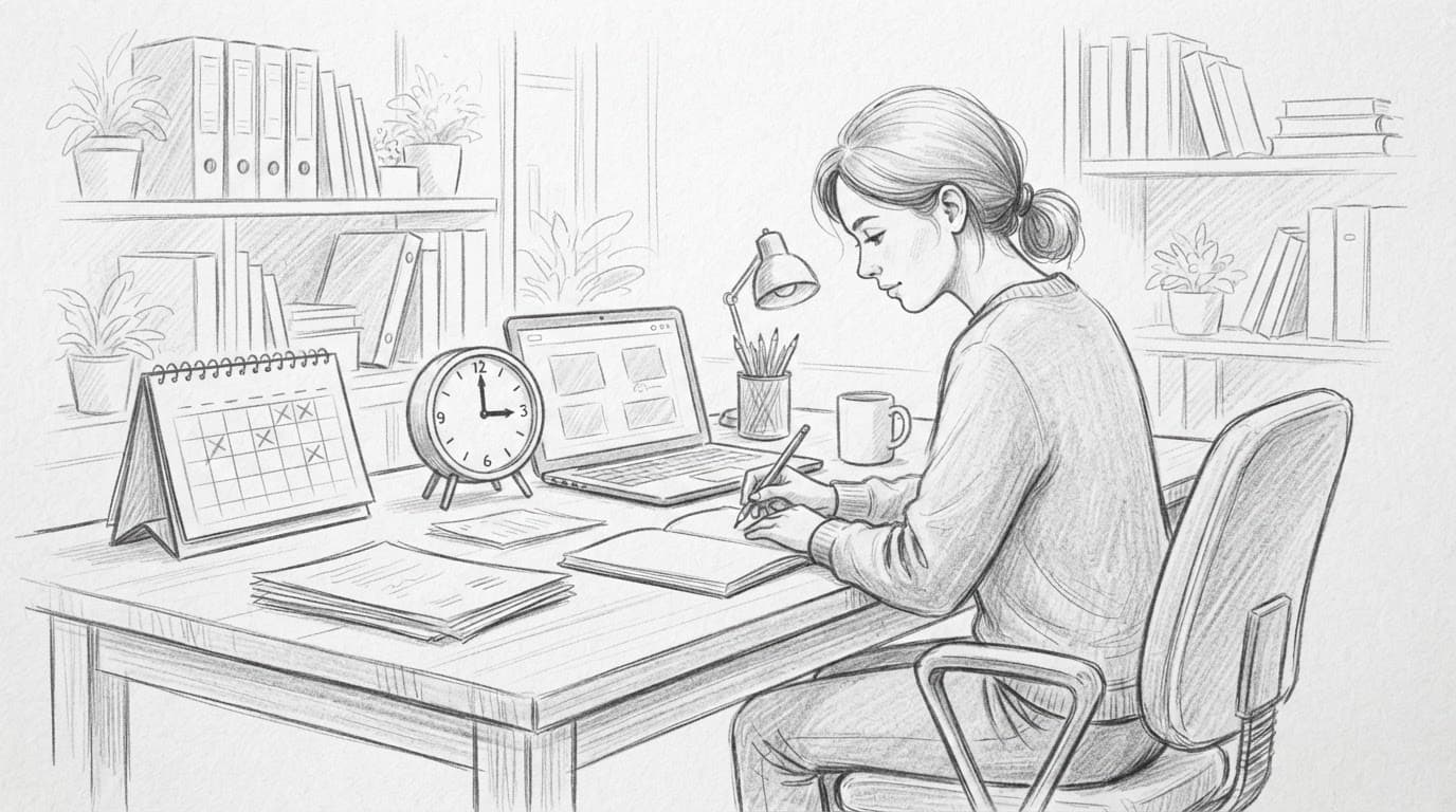 Una persona accanto a una scrivania con calendario e orologio.