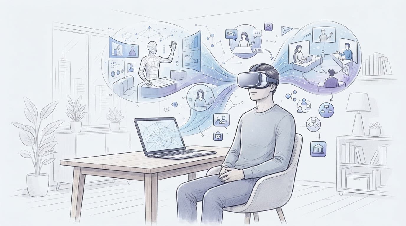 Persona con visore accanto a un laptop e avatar digitali