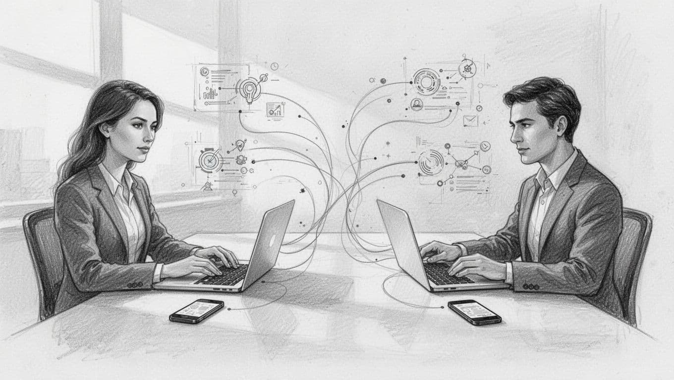 Tre persone collegate a servizi online tramite nodi grafici, laptop e smartphone.