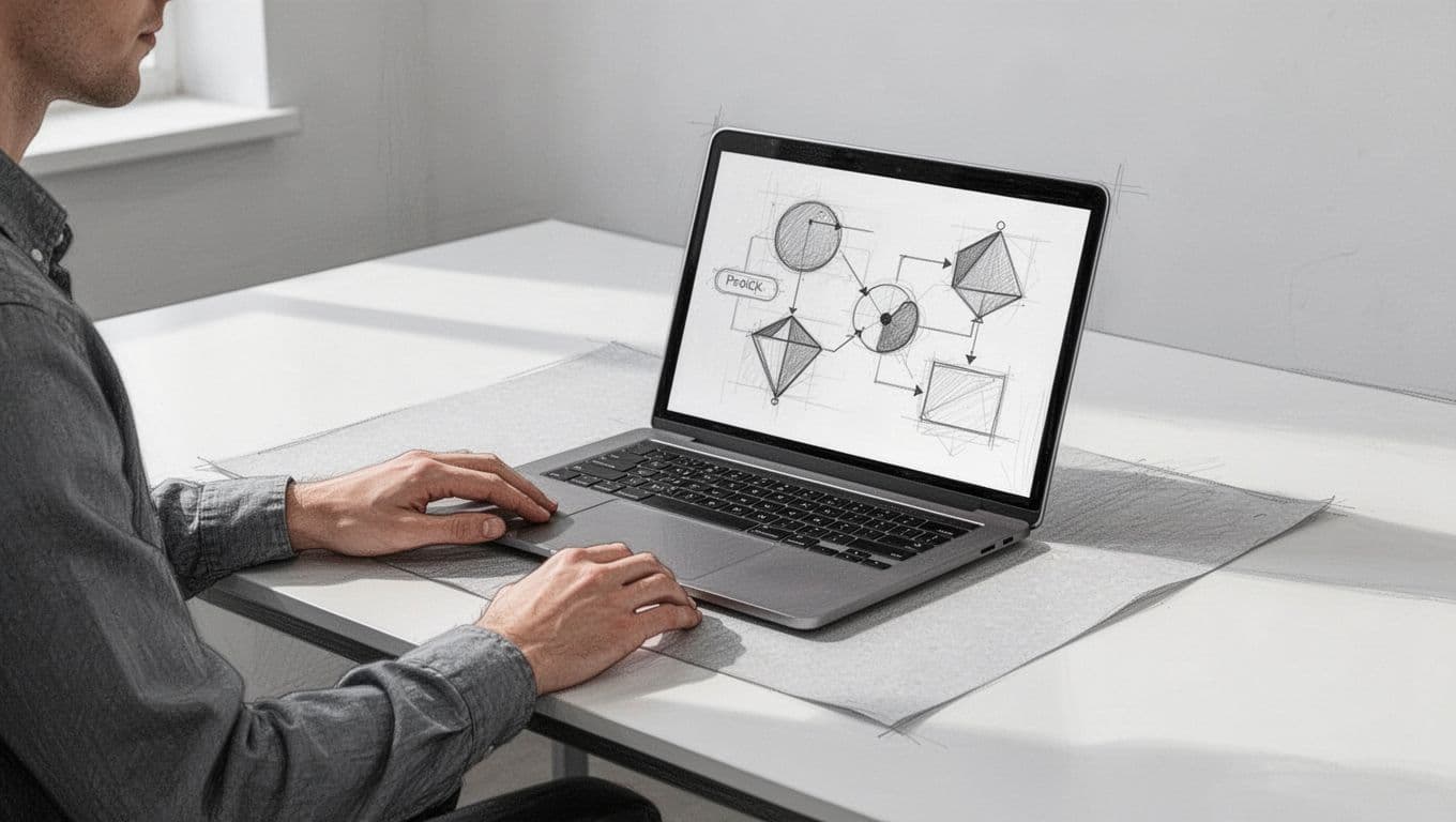 Una persona siede a una scrivania con un laptop che mostra diagrammi geometrici.