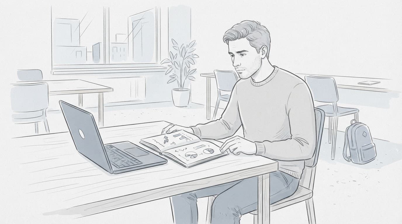 Un fondatore prepara un pitch con laptop, taccuino e grafico finanziario.