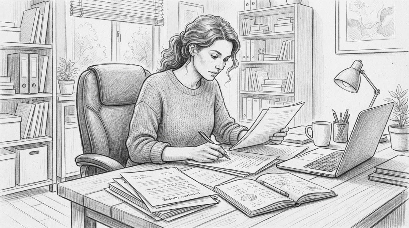 Professionista seduto alla scrivania mentre esamina documenti di lavoro.