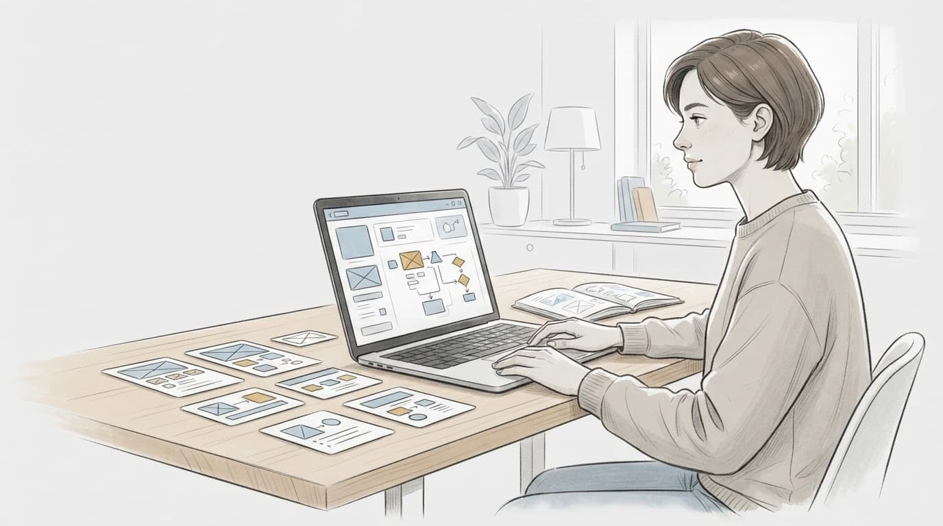 Un freelance pianifica un'app senza codice con laptop, notebook e schede visive.
