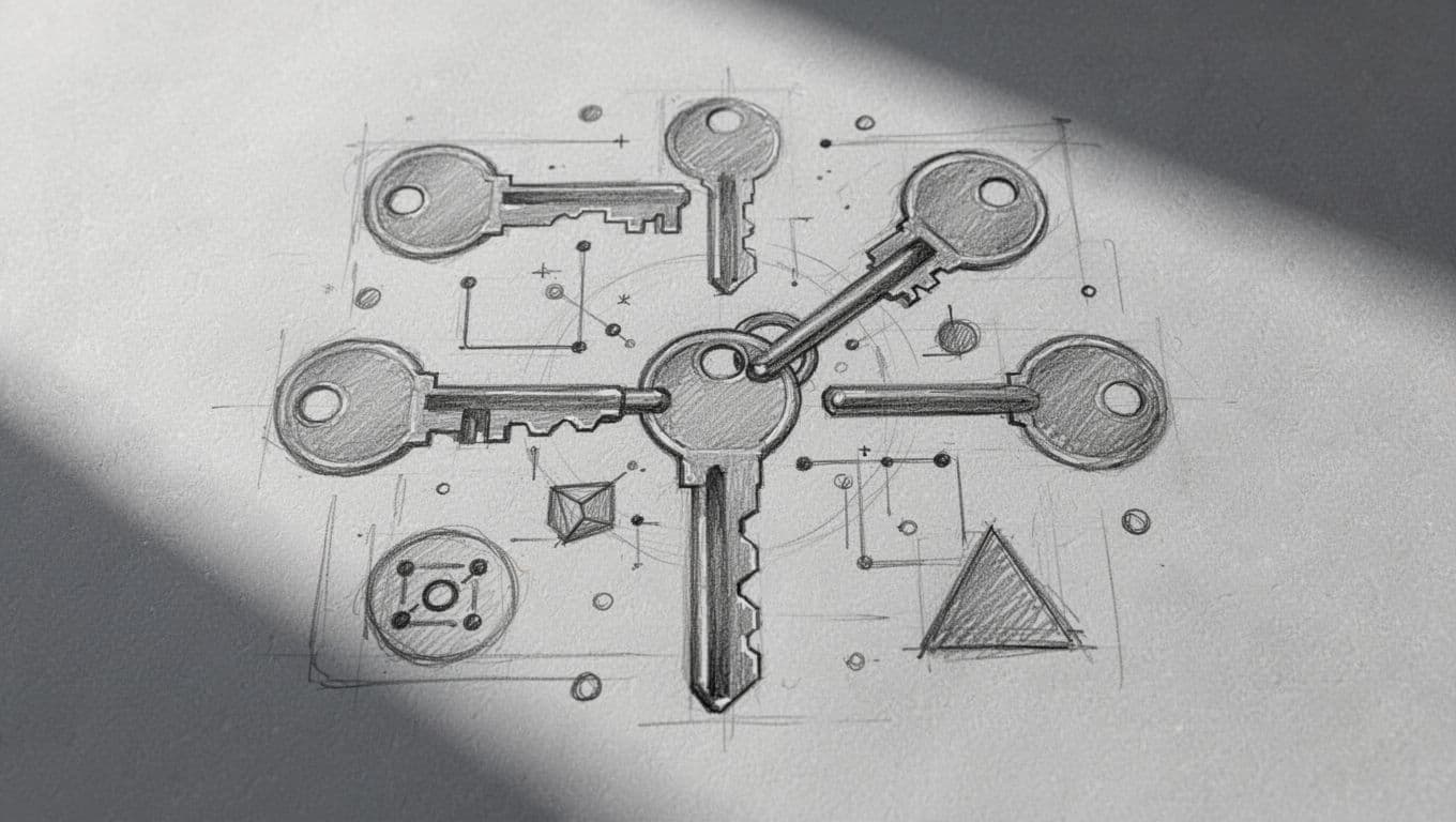 Chiavi digitali e forme geometriche collegate disegnate a matita.