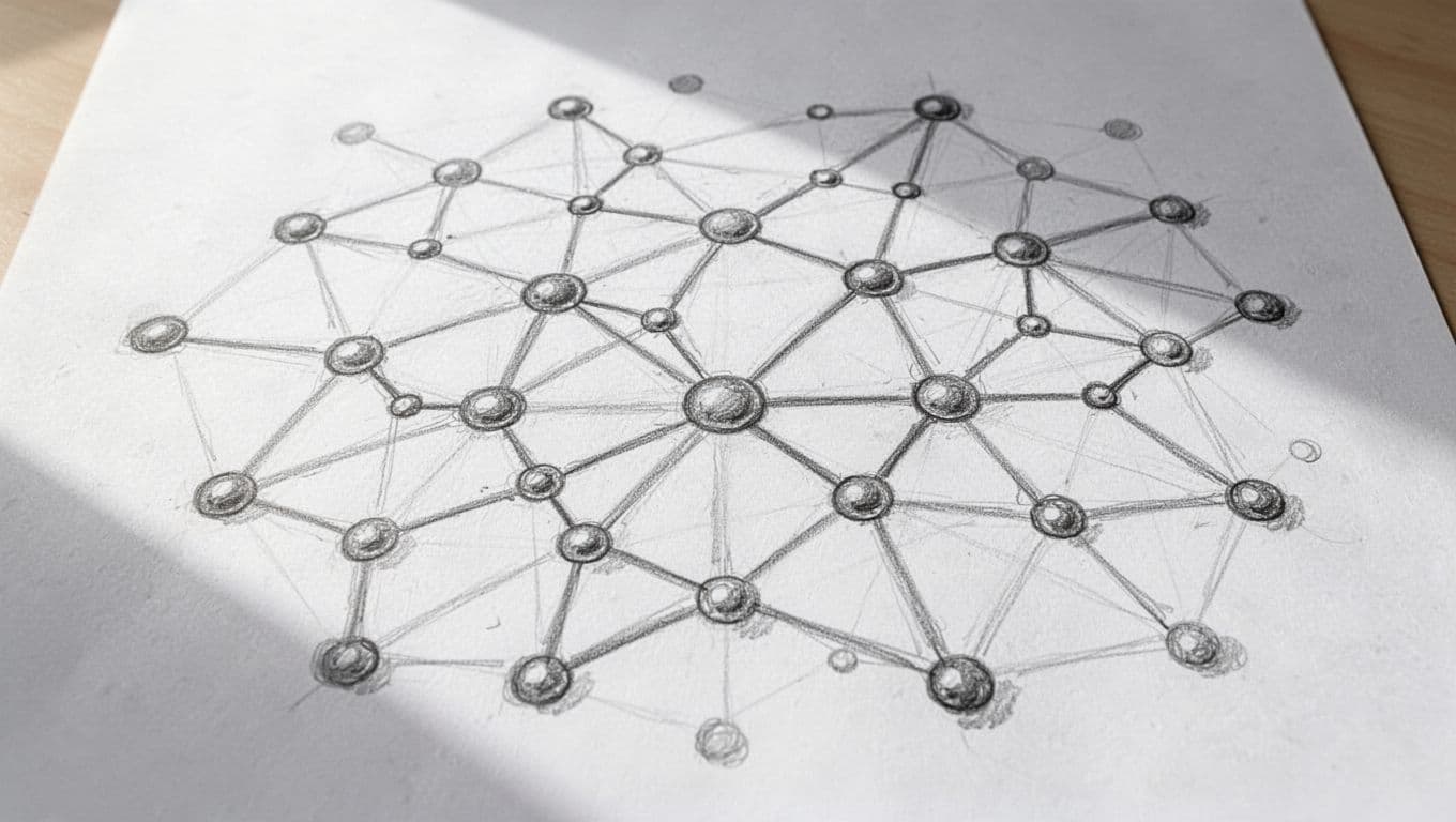 Nodi circolari collegati formano una rete decentralizzata disegnata a grafite.