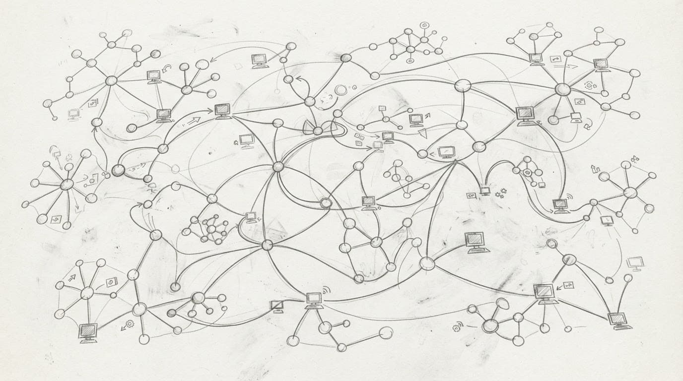 Nodi e computer collegati in una rete decentralizzata disegnata a matita.