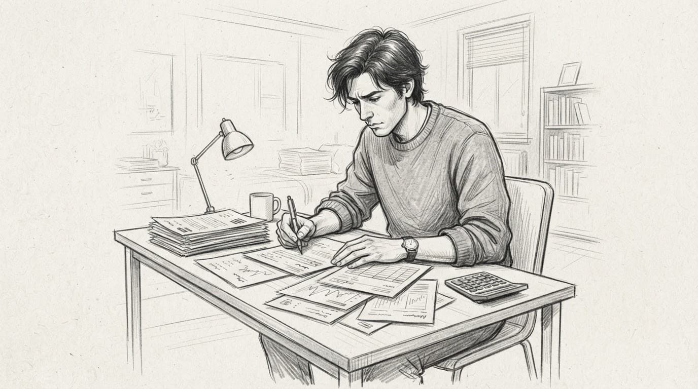 Una persona esamina documenti finanziari su una scrivania bianca.