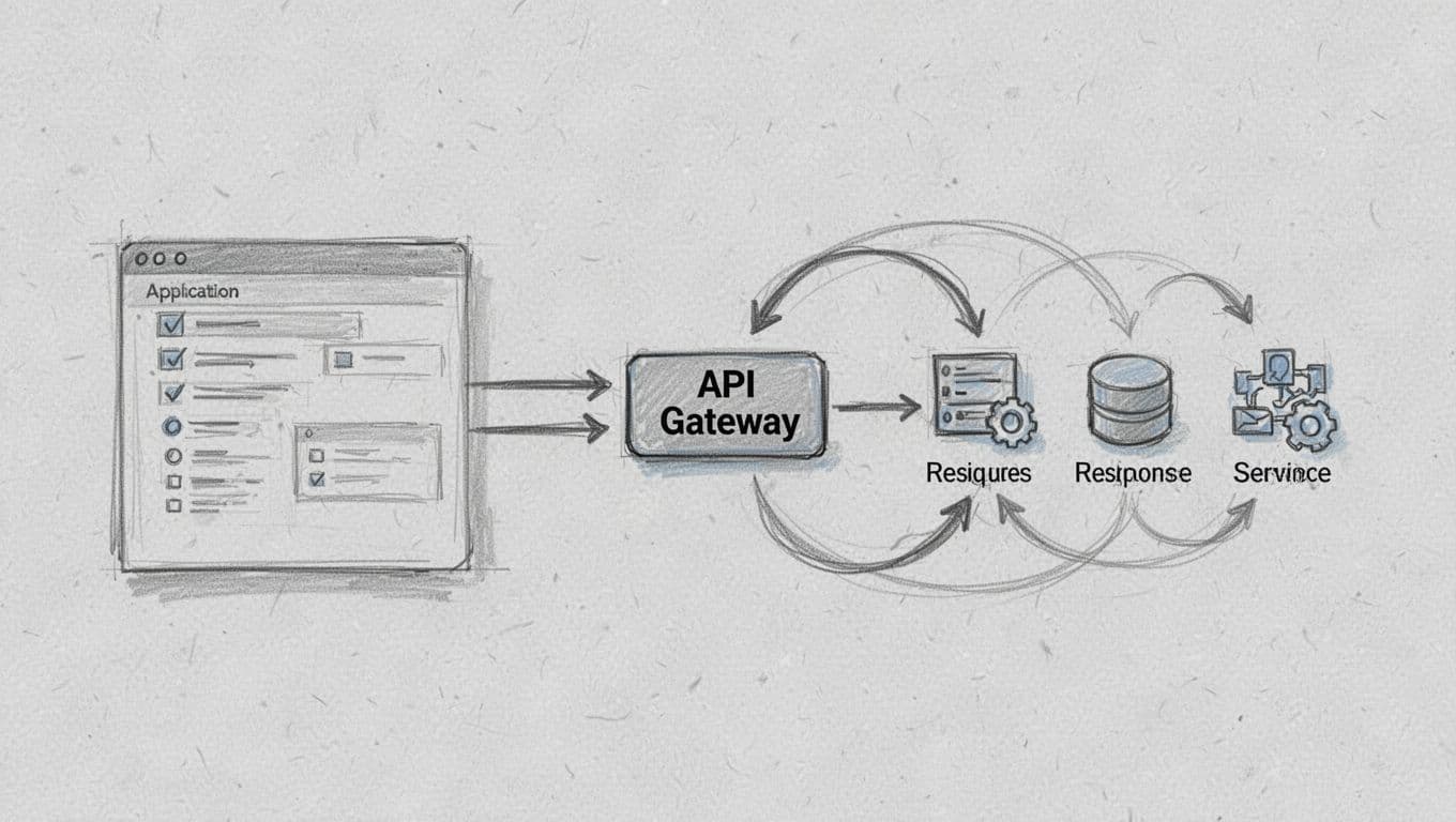 Schema con un'applicazione collegata tramite API a tre servizi esterni.