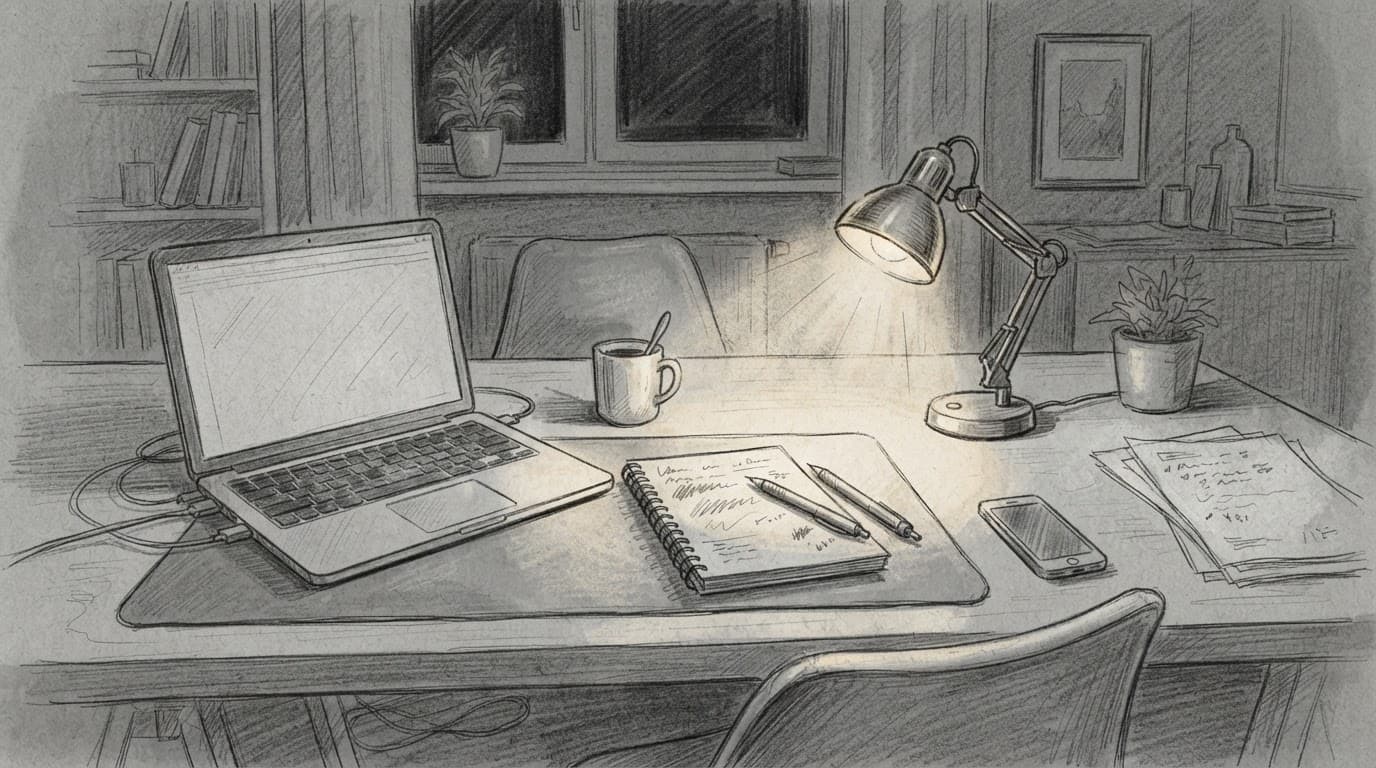 Scrivania con laptop, quaderno e lampada accesa su sfondo grigio chiaro.