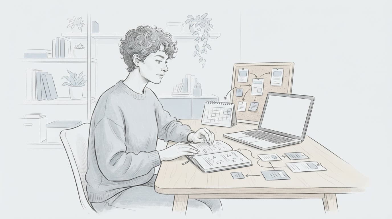 Professionista italiano organizza contatti e referenze con laptop, notebook, calendario e schede su una scrivania.