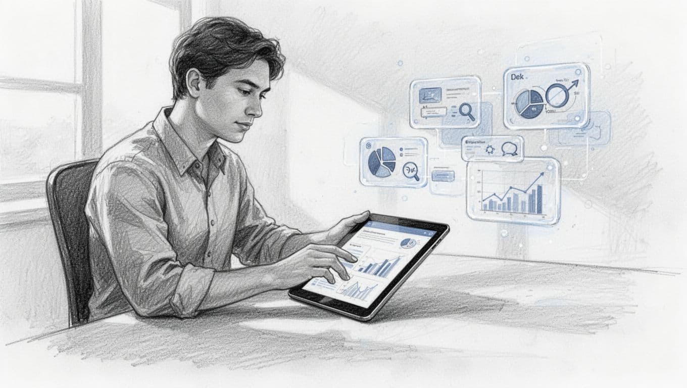Persona al lavoro con tablet e icone digitali sospese sopra una scrivania.
