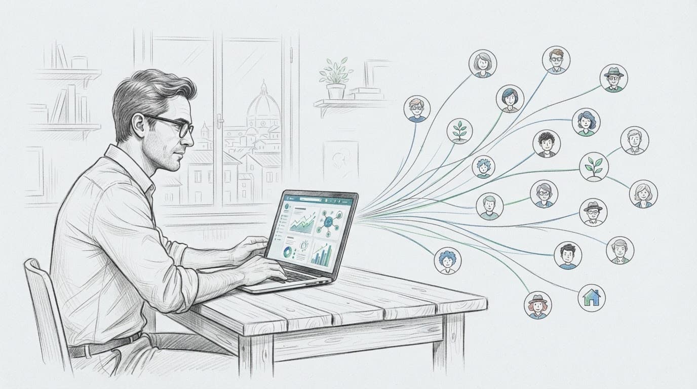 Un fondatore al laptop collegato a piccoli investitori tramite linee colorate.