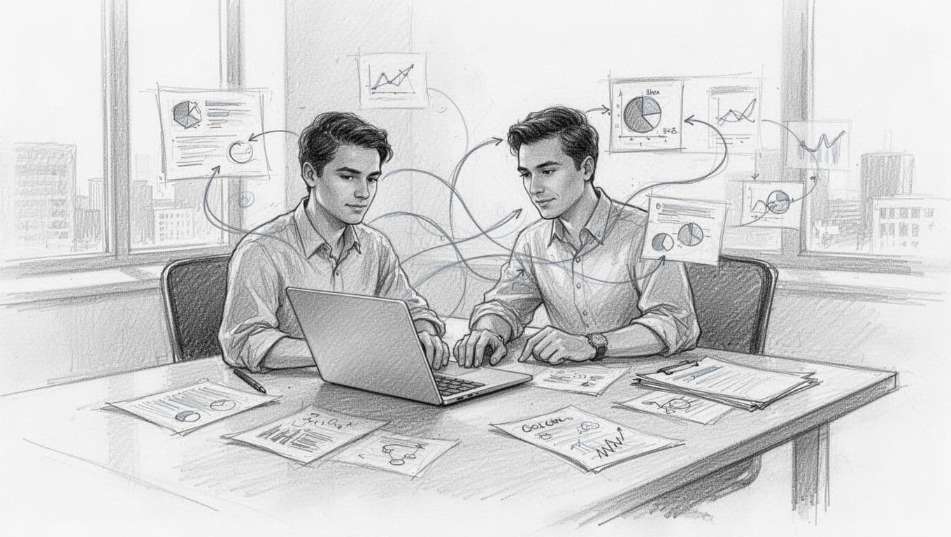 Persona al lavoro con laptop e appunti, collegati da linee astratte di dati.