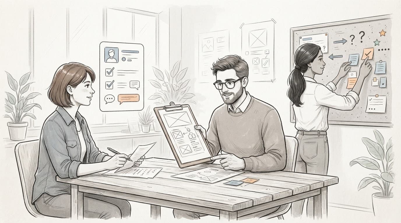 Tre persone validano un'idea con interviste, schizzi e note di feedback.