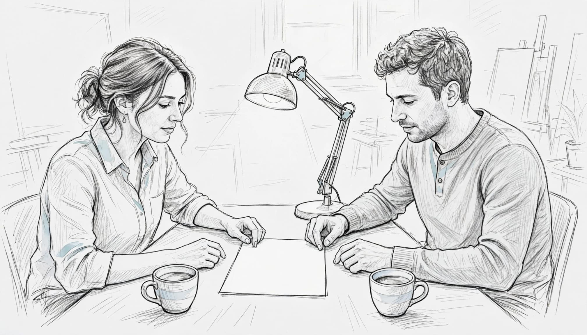 Due co-founder esaminano un accordo cartaceo tra caffè e lampada.