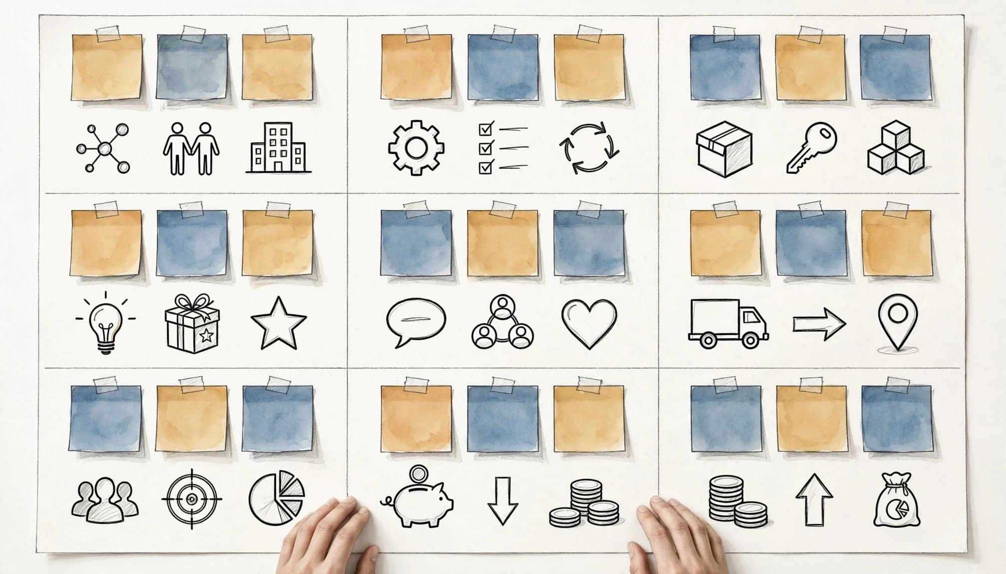 Business Model Canvas con nove blocchi, post-it e due mani sul bordo del tavolo.