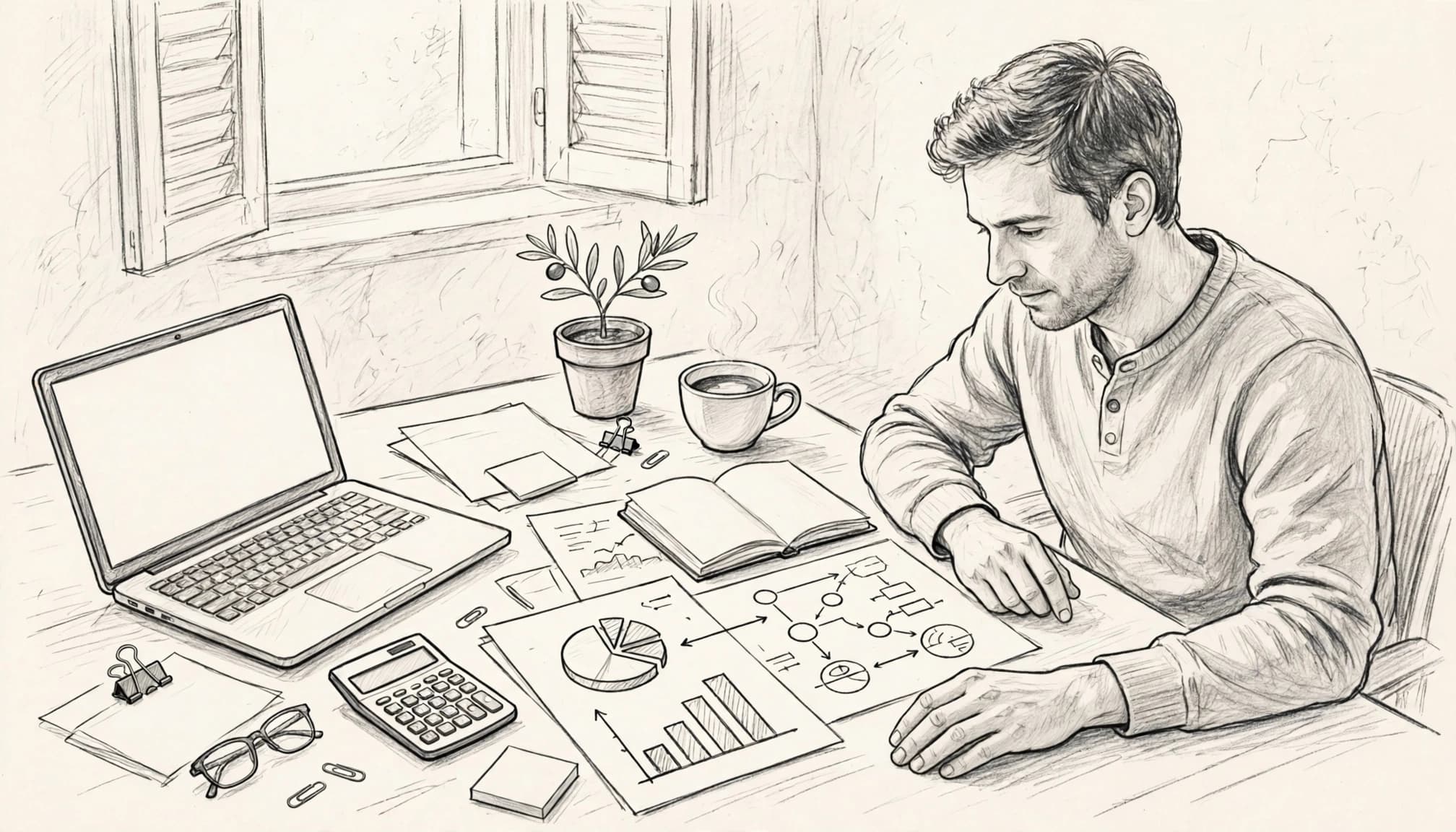 Fondatore esamina fogli finanziari accanto a laptop, calcolatrice e tazza di caffè.