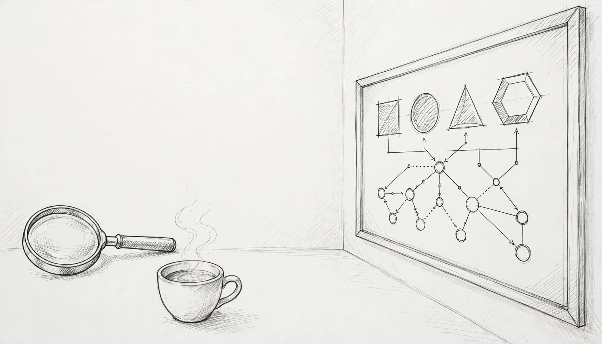 Lavagna con schema astratto, lente d'ingrandimento e tazza di caffè in una sala vuota.