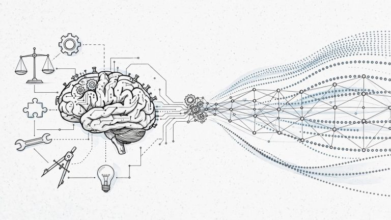 Disegno diviso tra un cervello robotico e una rete neurale alimentata da dati.