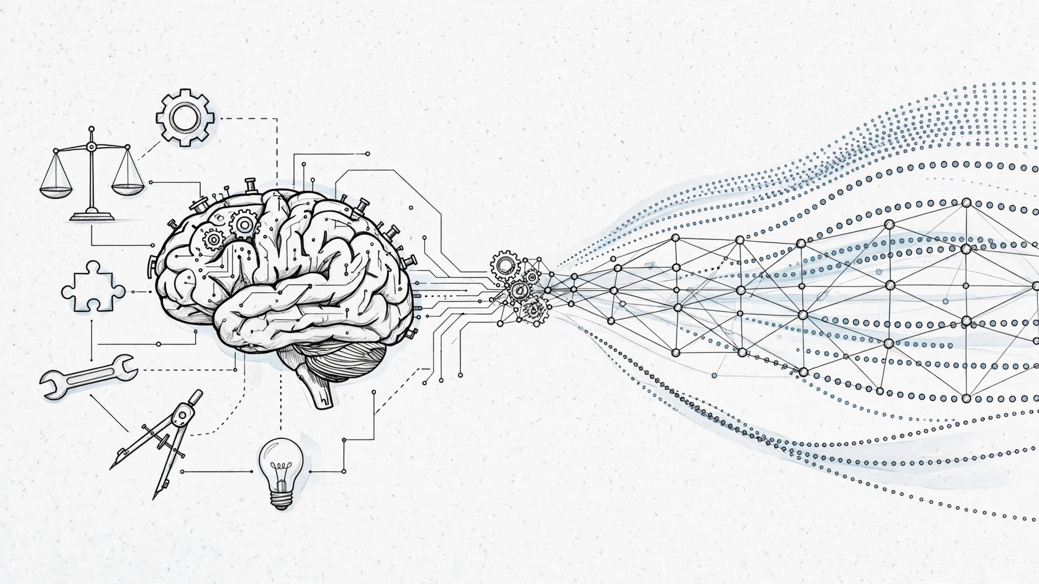 Disegno diviso tra un cervello robotico e una rete neurale alimentata da dati.