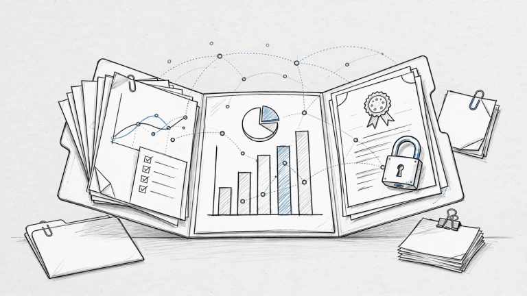 Cartelle aperte con documenti, grafici finanziari e un lucchetto su una scrivania.