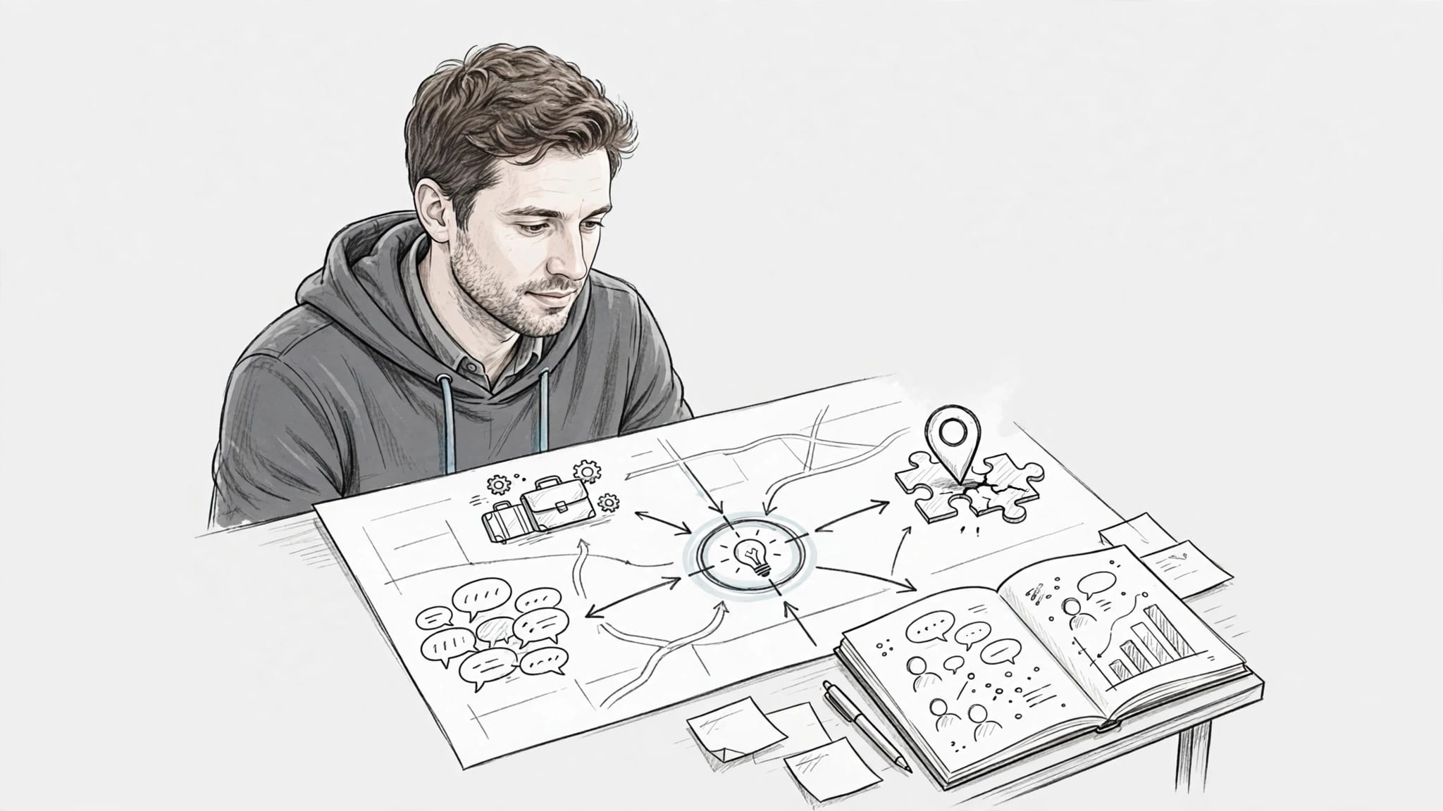 Un fondatore studia una mappa accanto a un taccuino e a schizzi di feedback.