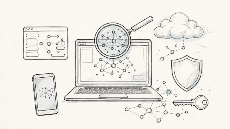 Laptop centrale con lente d’ingrandimento, smartphone, scudo, chiave, nuvola e nodi dati.