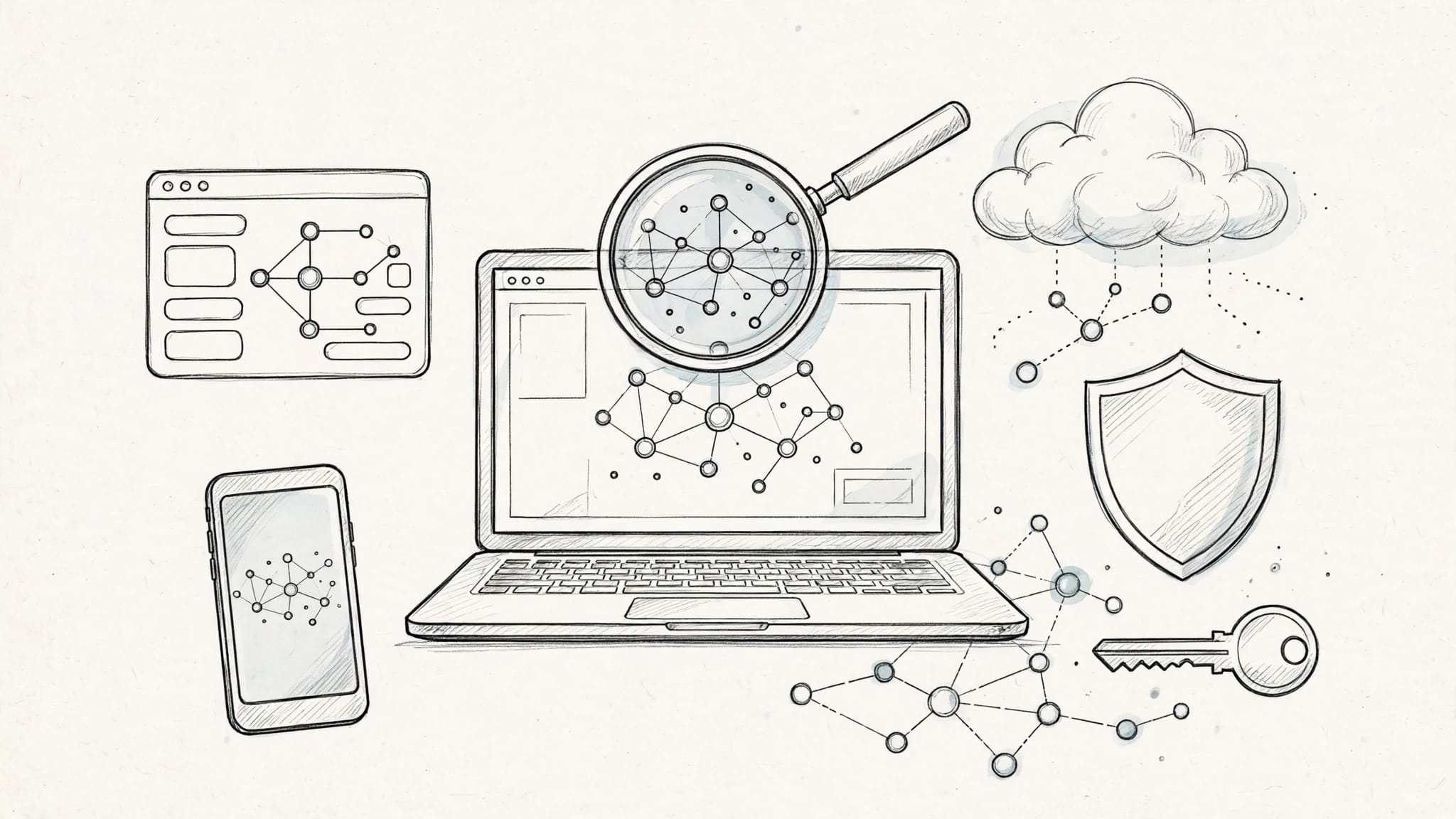 Laptop centrale con lente d’ingrandimento, smartphone, scudo, chiave, nuvola e nodi dati.
