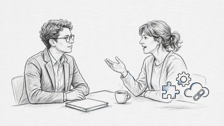 Un intervistatore ascolta un freelance seduto davanti a lui, con simboli astratti e un taccuino sul tavolo.