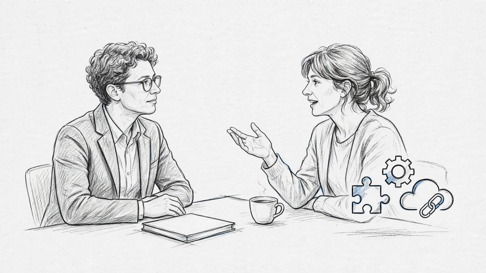 Un intervistatore ascolta un freelance seduto davanti a lui, con simboli astratti e un taccuino sul tavolo.