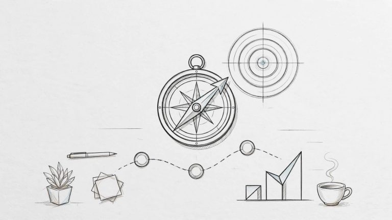 Una bussola punta a un bersaglio vicino a una roadmap e a un grafico di crescita.