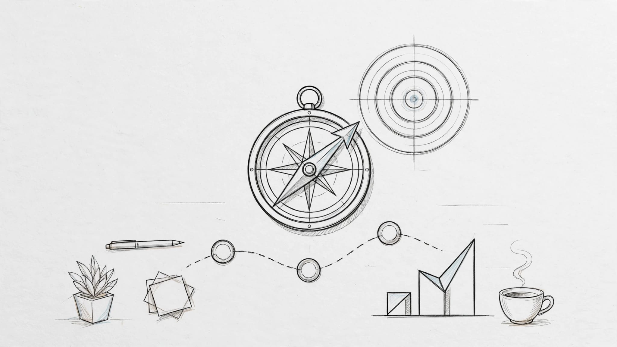 Una bussola punta a un bersaglio vicino a una roadmap e a un grafico di crescita.