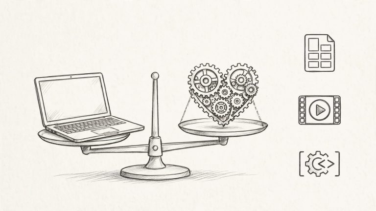 Una bilancia con laptop, cuore meccanico e icone di prodotti digitali.