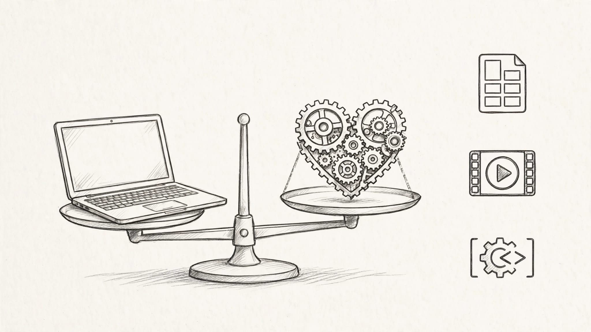Una bilancia con laptop, cuore meccanico e icone di prodotti digitali.