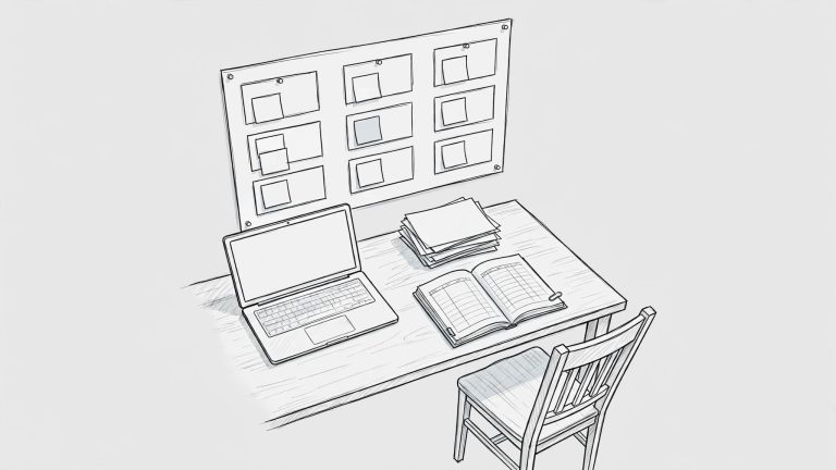 Scrivania con lavagna organizzativa, laptop, fatture, registro del budget e una sedia vuota.
