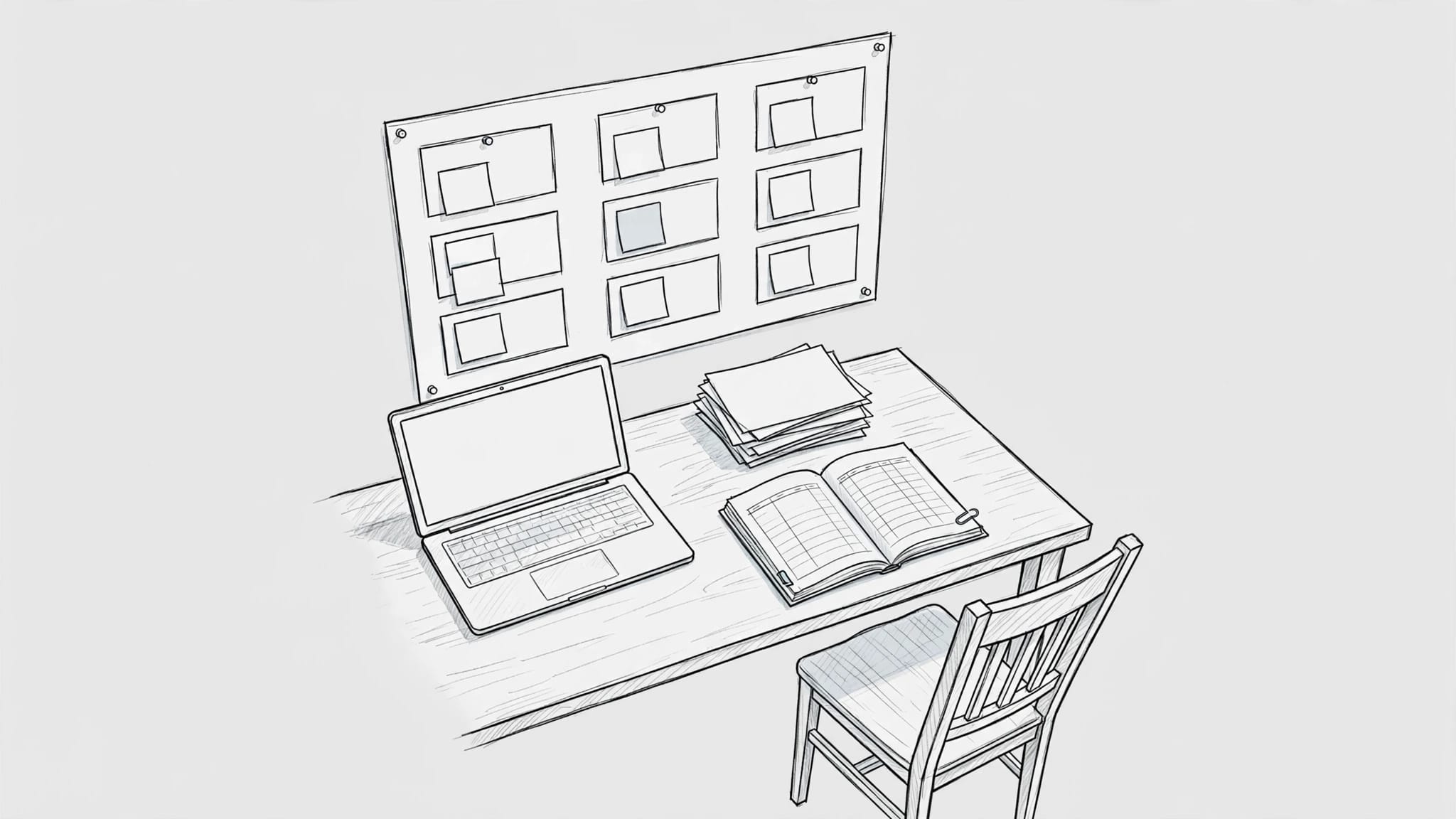Scrivania con lavagna organizzativa, laptop, fatture, registro del budget e una sedia vuota.