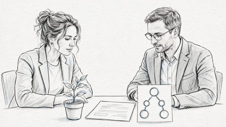 Fondatore e investitore esaminano un accordo accanto a una pianta e a un diagramma delle quote.