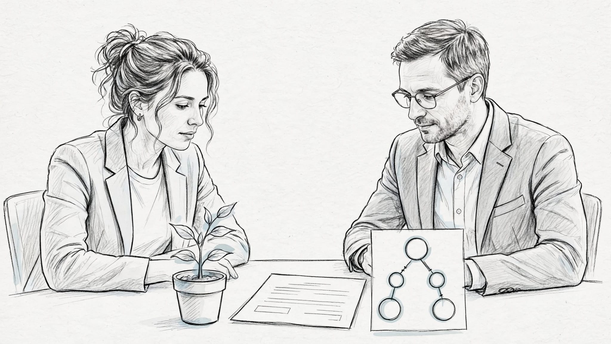 Fondatore e investitore esaminano un accordo accanto a una pianta e a un diagramma delle quote.