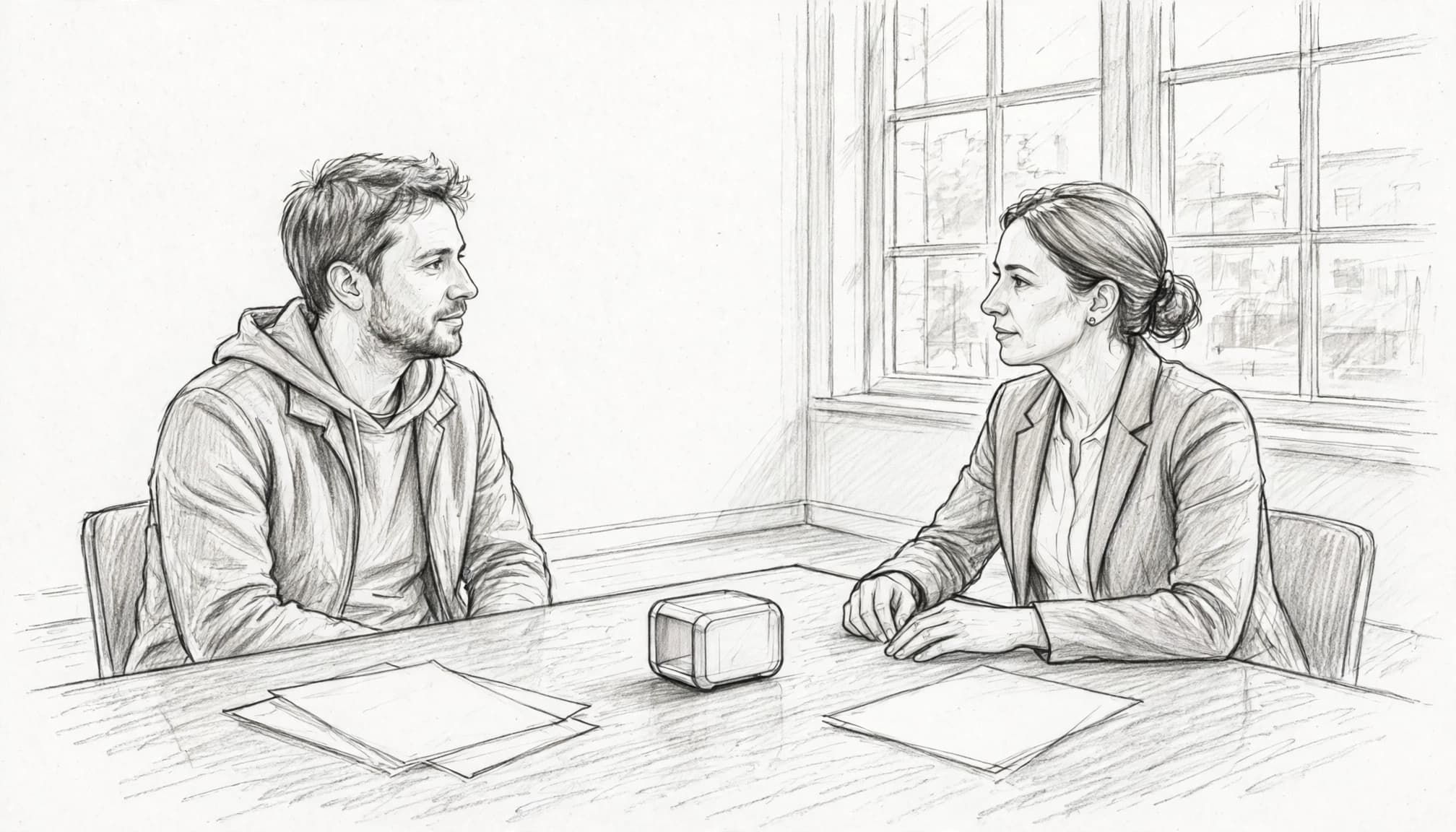 Un fondatore e un investitore discutono davanti a un prototipo su un tavolo.