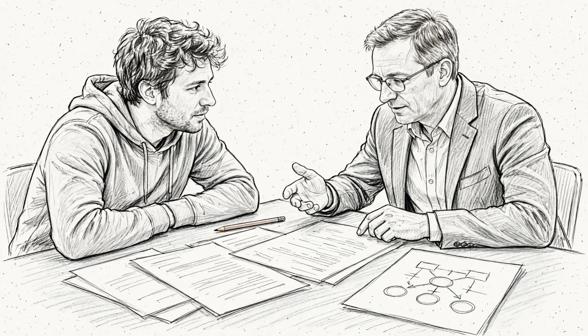 Un fondatore e un investitore esaminano documenti accanto a un diagramma delle quote.