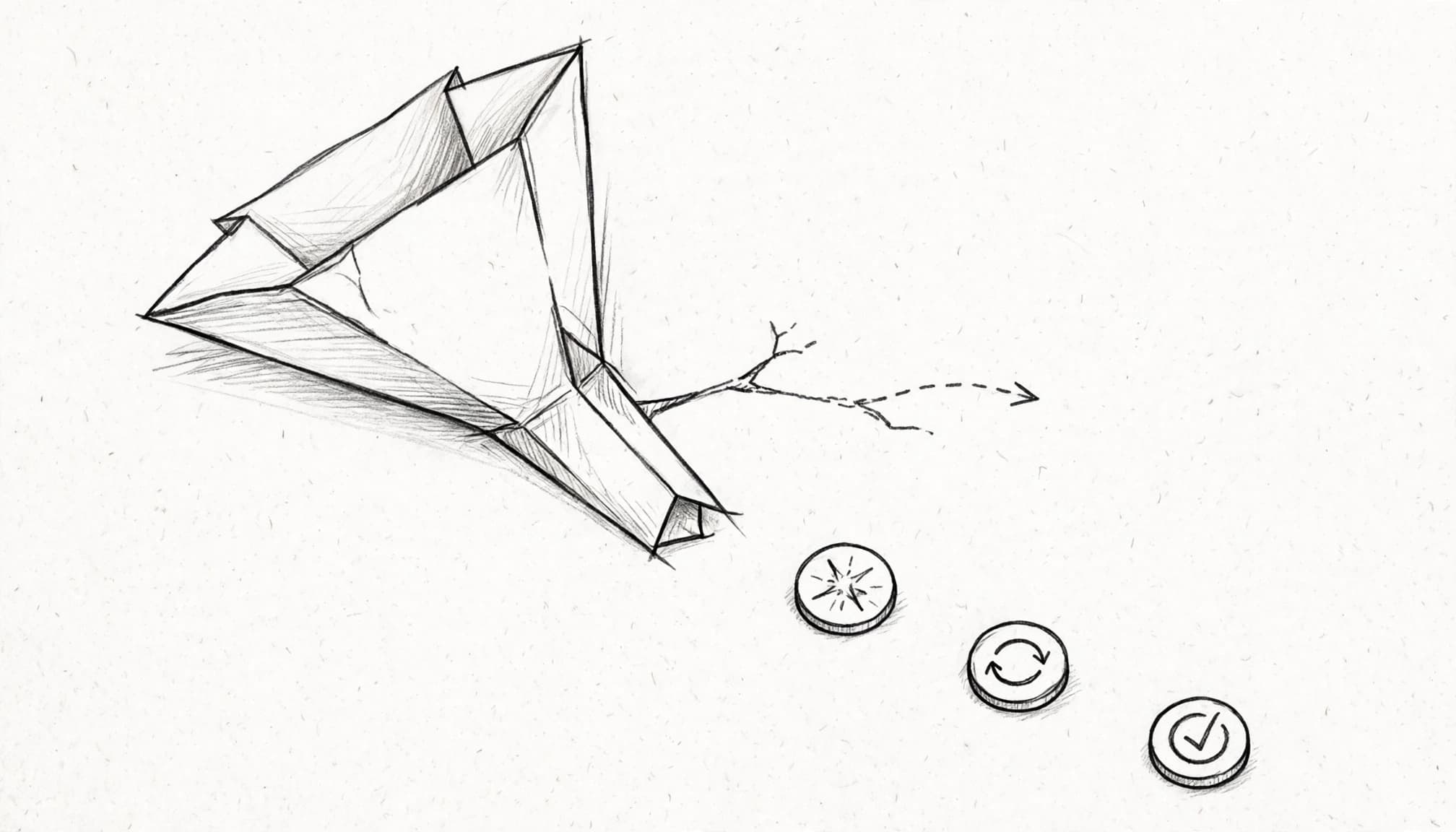 Un imbuto disegnato a matita accanto a tre simboli e a un ramo laterale.