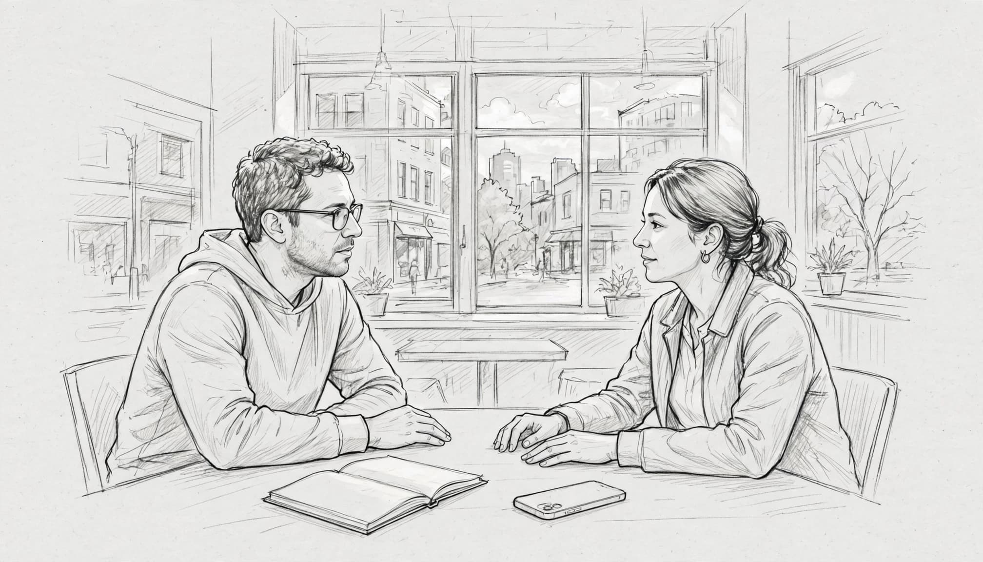 Due persone conversano al tavolo di un caffè, con un taccuino e un telefono davanti.