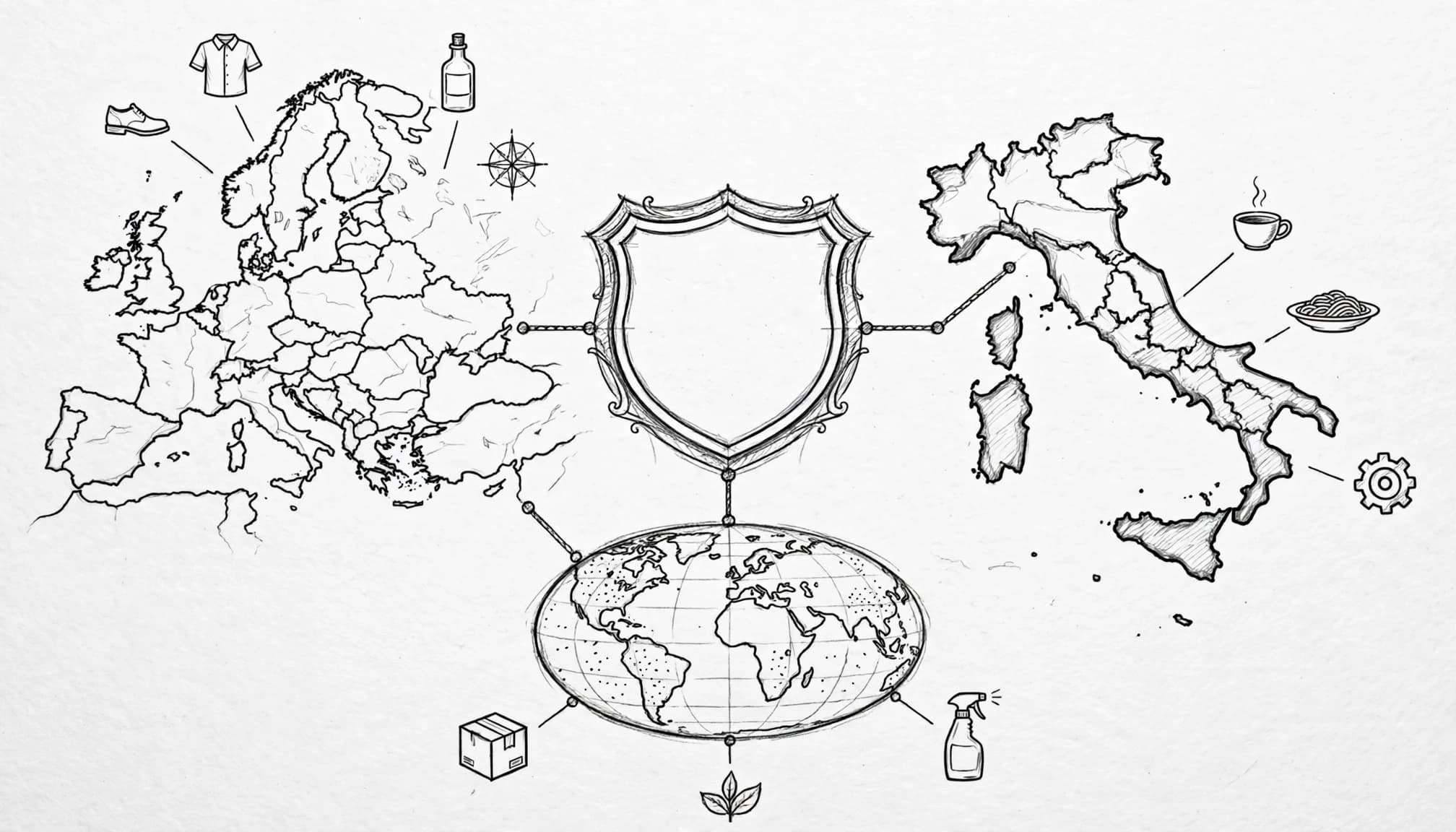 Un emblema centrale collega mappe e icone di prodotti su fondo chiaro.