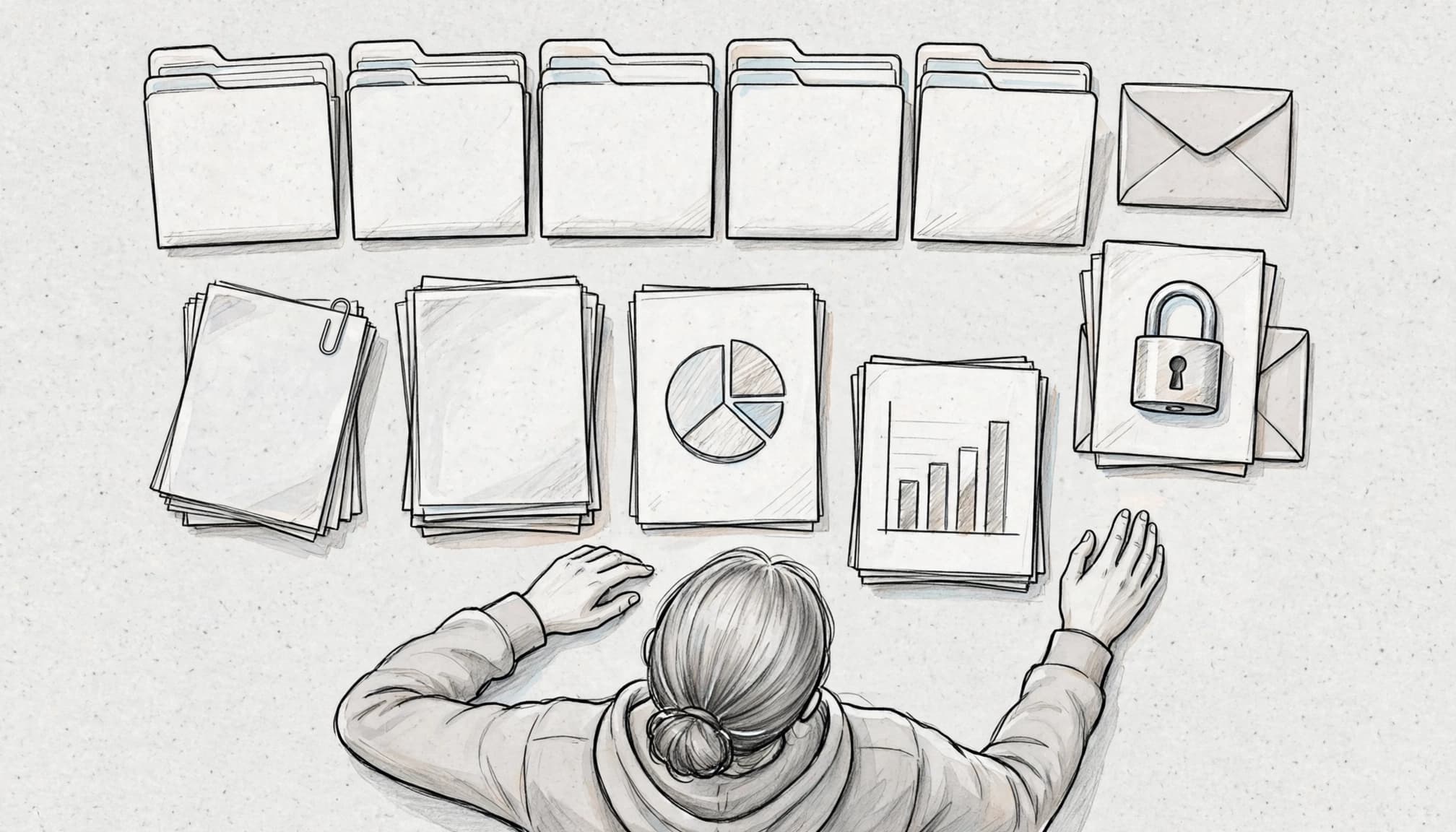 Persona organizza documenti finanziari e contratti in una data room sicura.