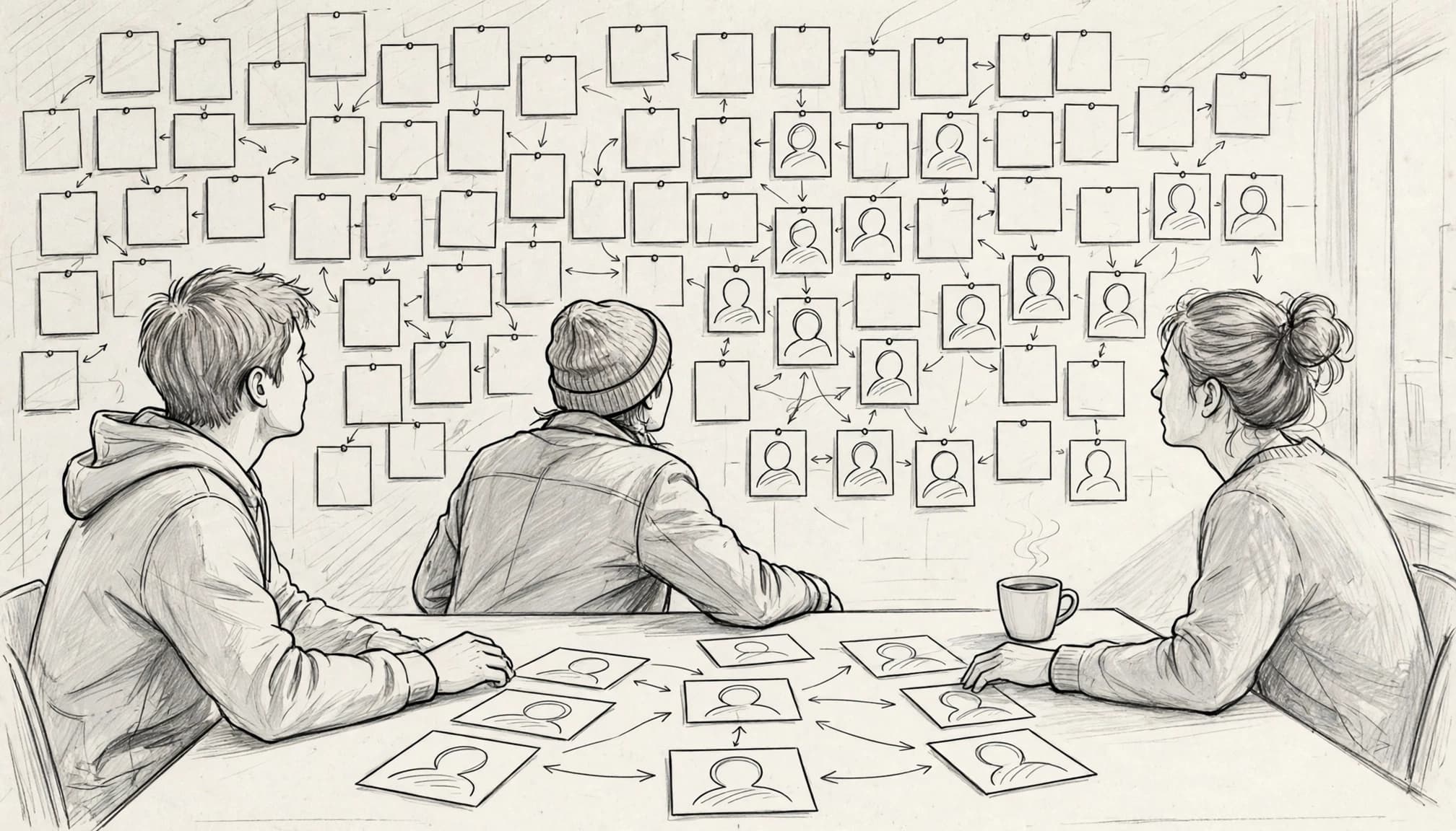 Tre persone organizzano carte e profili su un tavolo bianco.