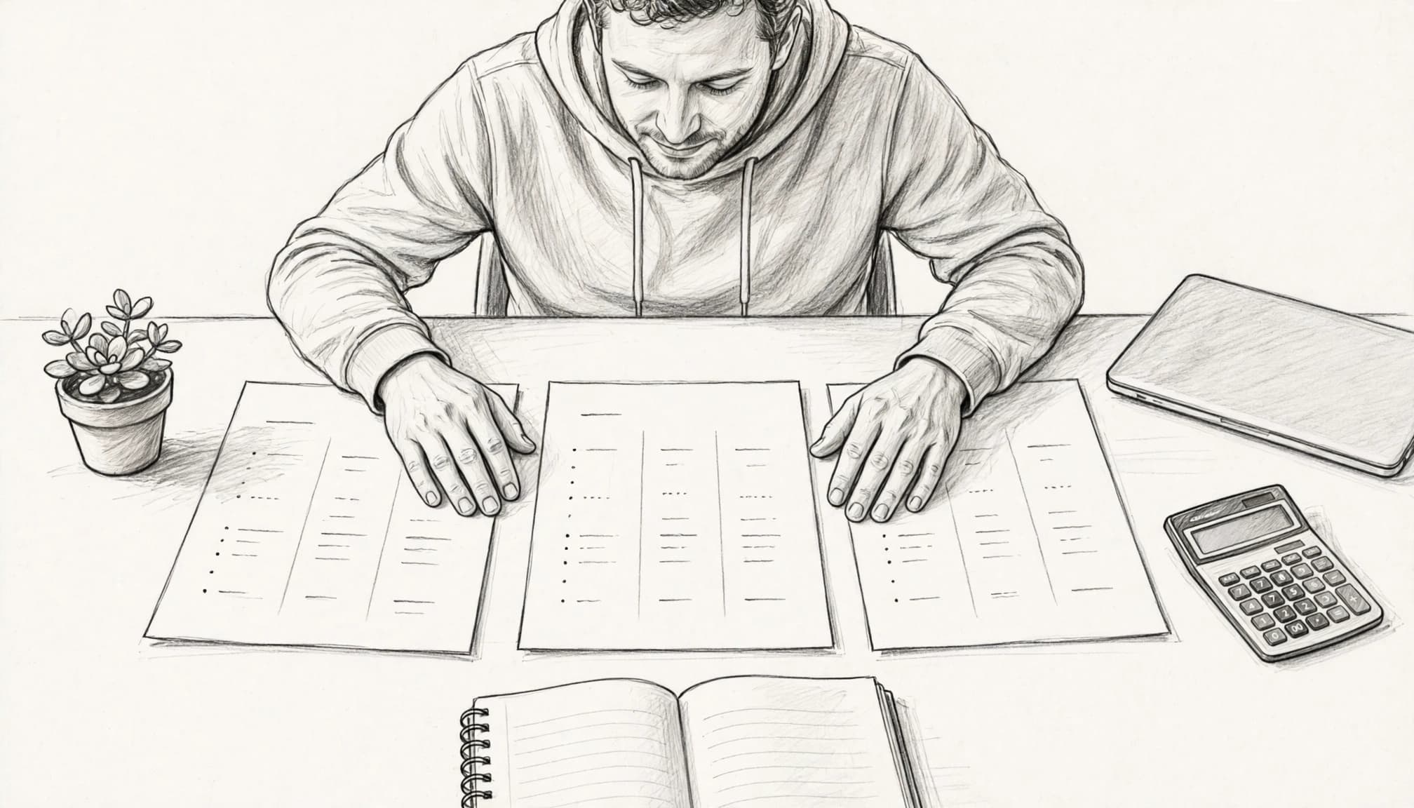 Una persona confronta tre fogli di budget accanto a calcolatrice, quaderno e laptop.